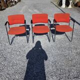 3 vintage chrome metal armchairs with orange fabric tops