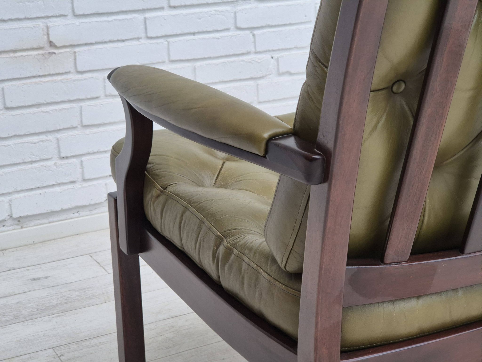 1970s, Scandinavian 2 seater sofa in original condition, green furniture leather, solid teak wood.