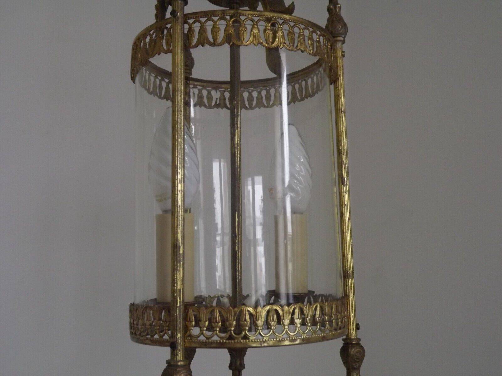Vintage French Round Gold Metal and Brass 2 Light Lantern Ceiling Light 4724