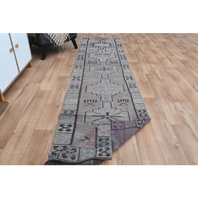 Vintage 1970s Geometric Turkish Oushak Handmade Brown Runner 82x354