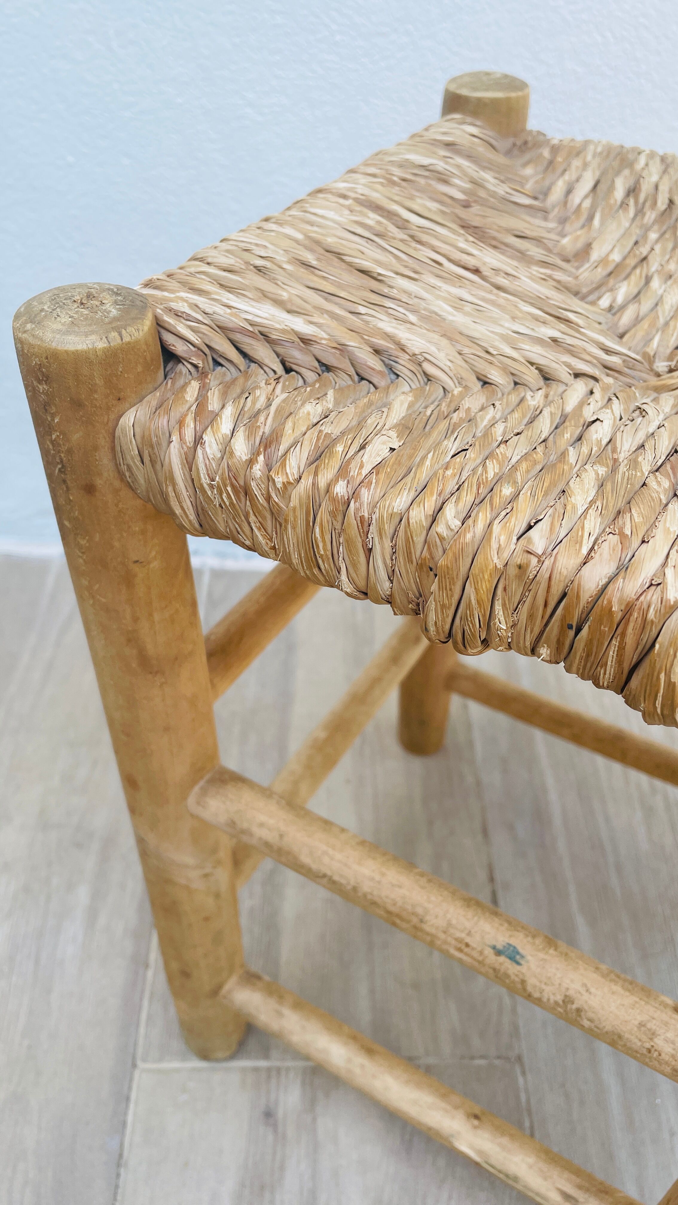 Wooden and straw stool vintage bohemian spirit