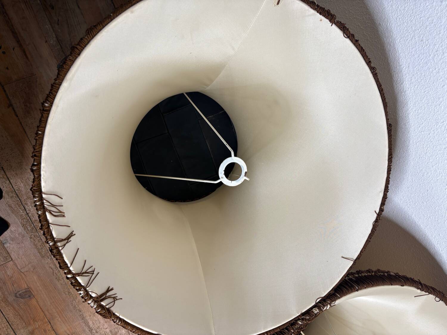 Pair of antique fabric lampshades with fringe