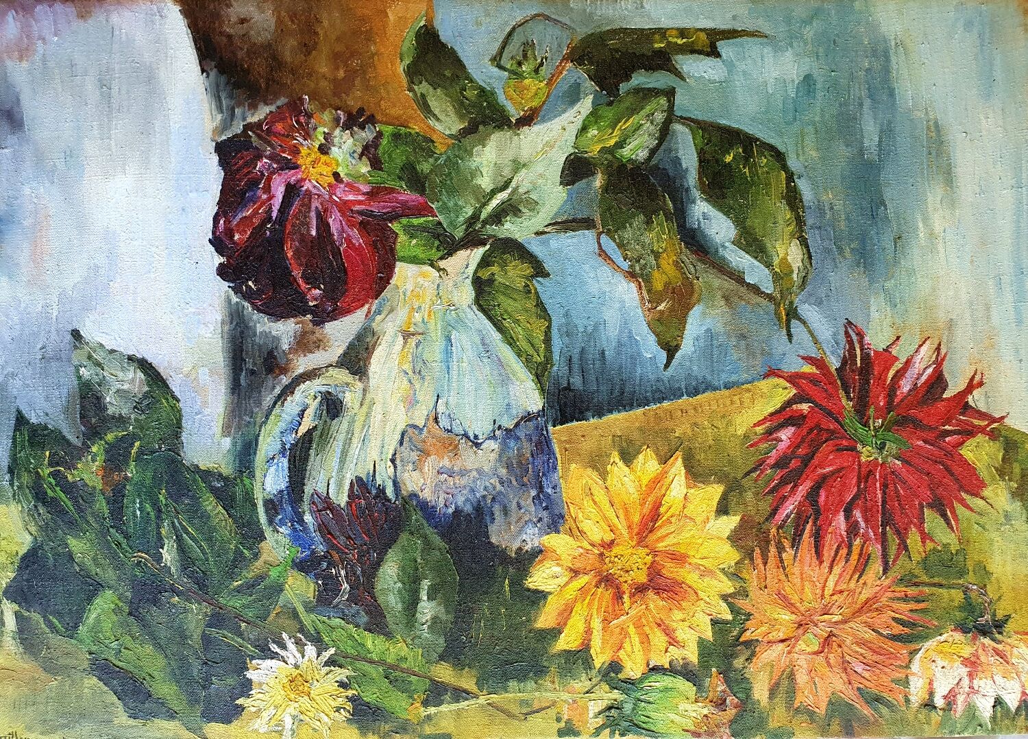 Old painting jug and summer flowers signed.