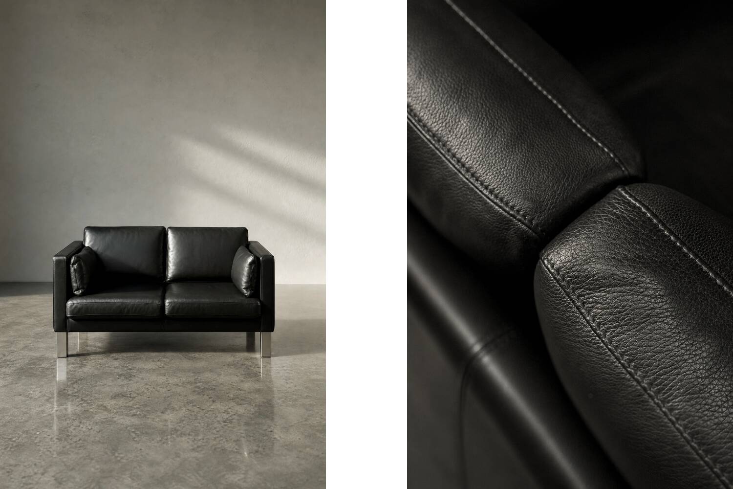 Vintage Mid-Century Danish Modern Two-Seater Black Leather Sofa, 1970s