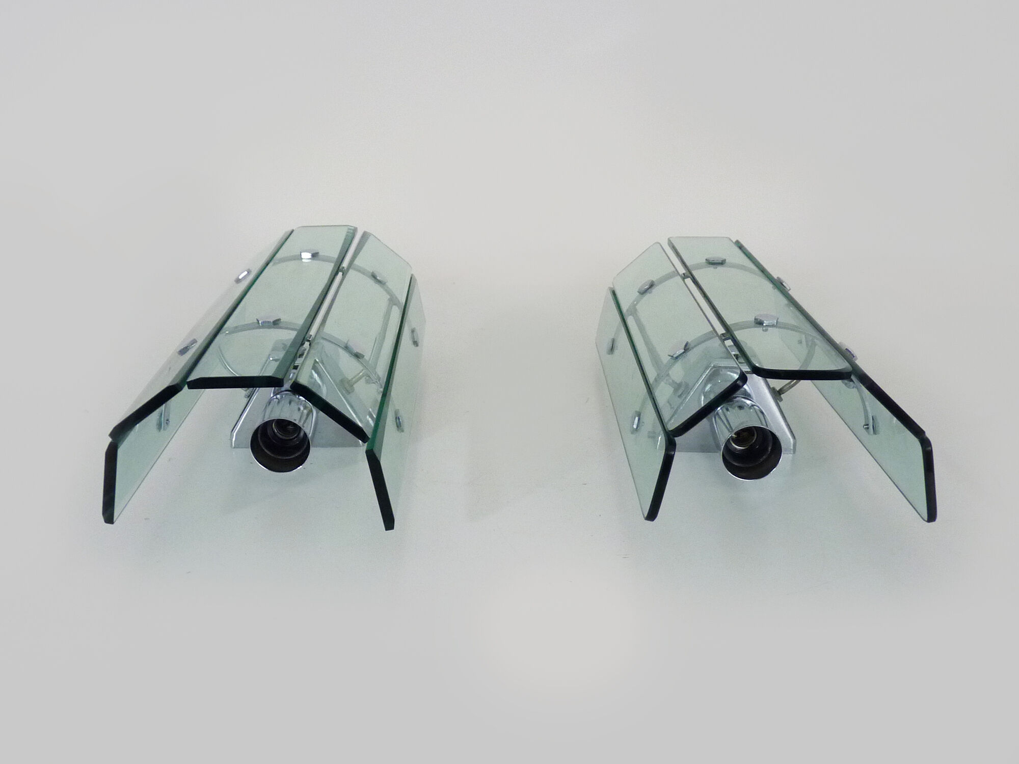 Pair of Italian Veca wall lamps in bluish glass, chrome, double lights