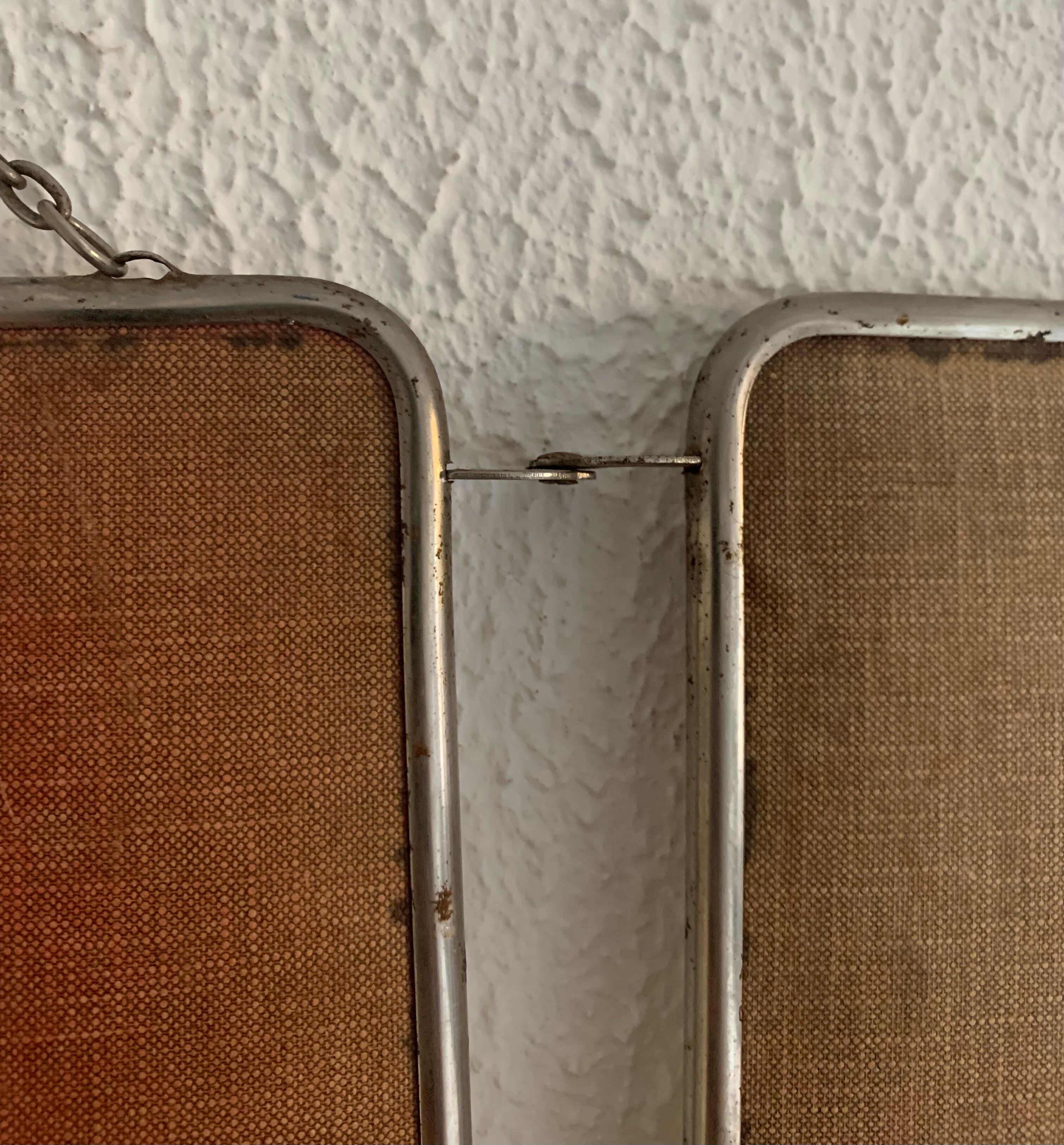 Vintage mirror 1960 triptych barber pink fabric - 21 x 49