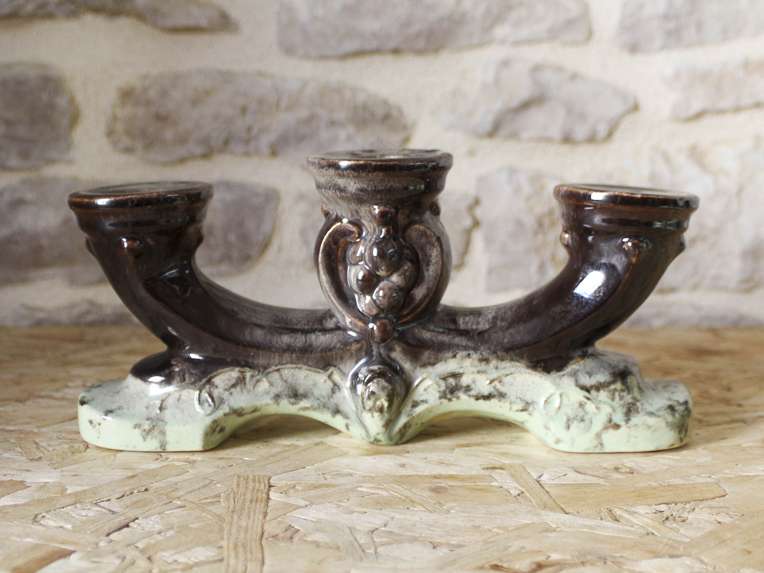 Pair of candlesticks 3 arms in glazed ceramic