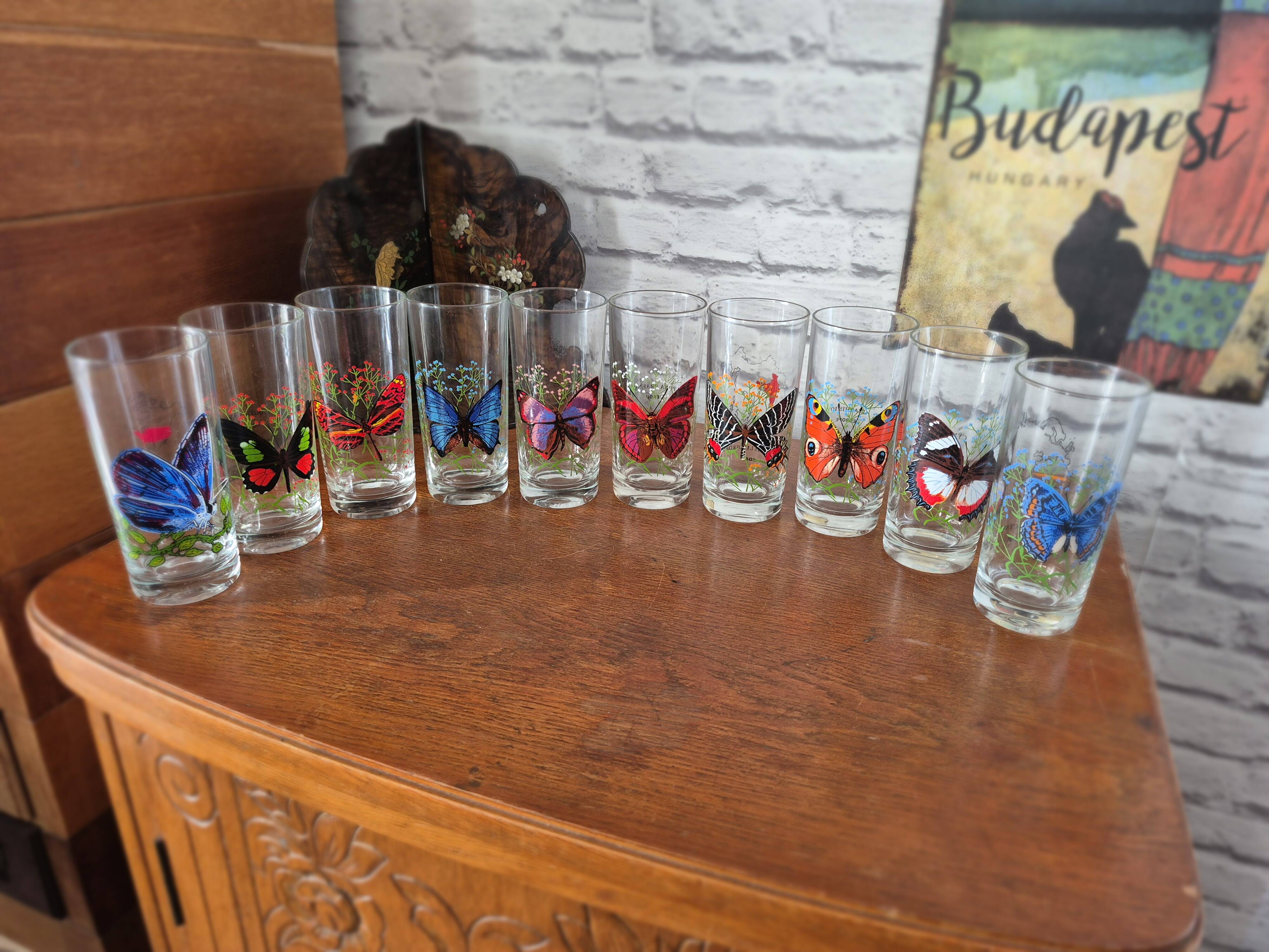 Set of 10 butterfly glasses from the Reims glassworks, vintage.