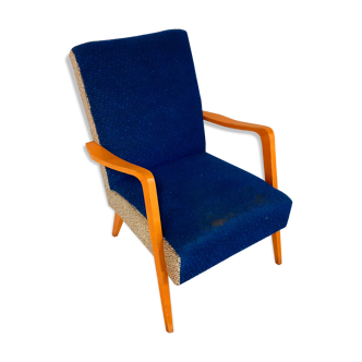 Fauteuil vintage années 50 en bois et tissu