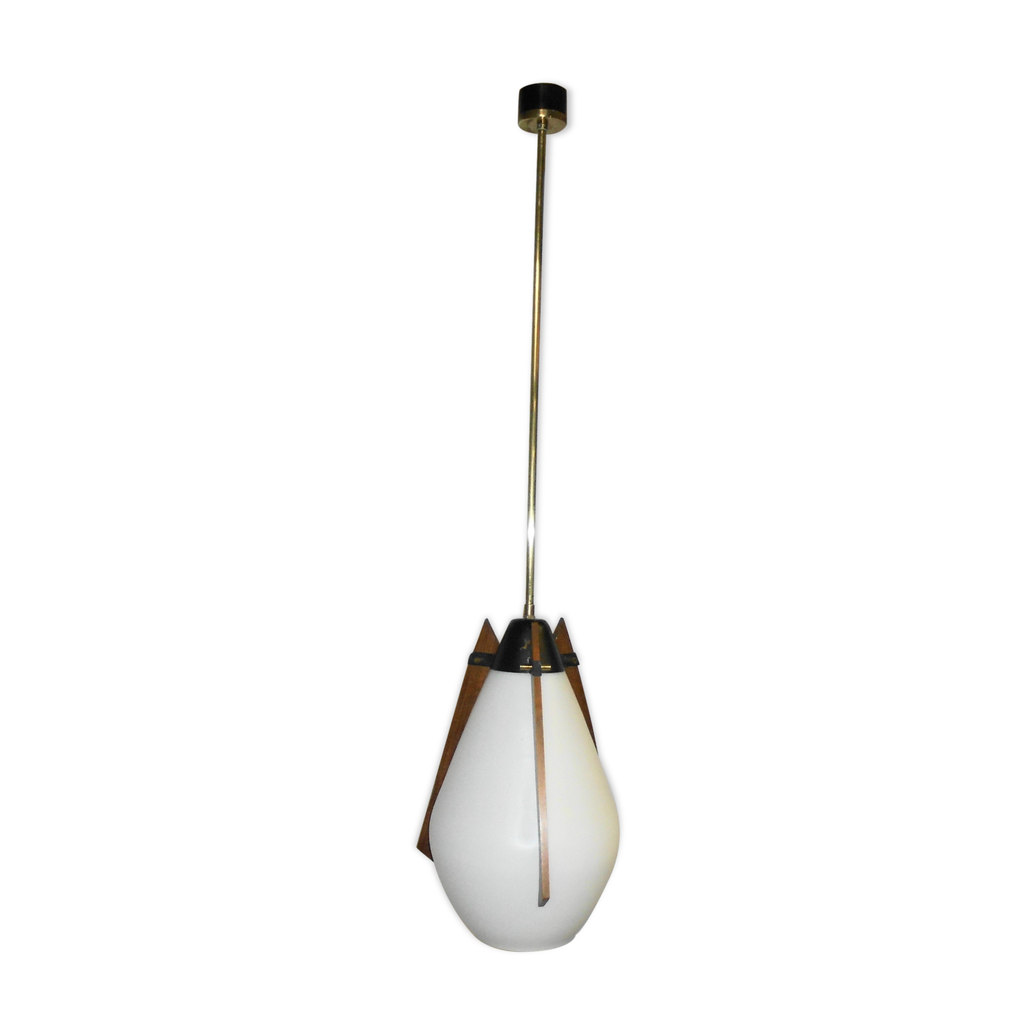 Italian hanging lamp in brass opaline and teak from the 70s