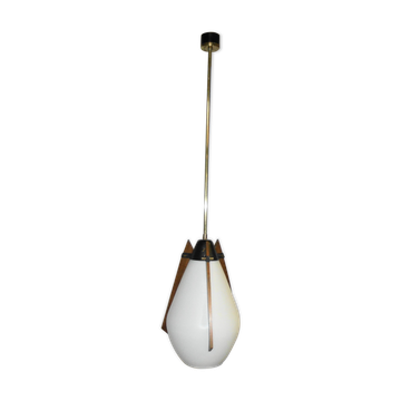 Suspension italienne en opaline laiton et teck des années 70