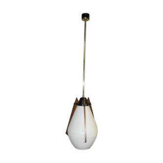 Italian hanging lamp in brass opaline and teak from the 70s