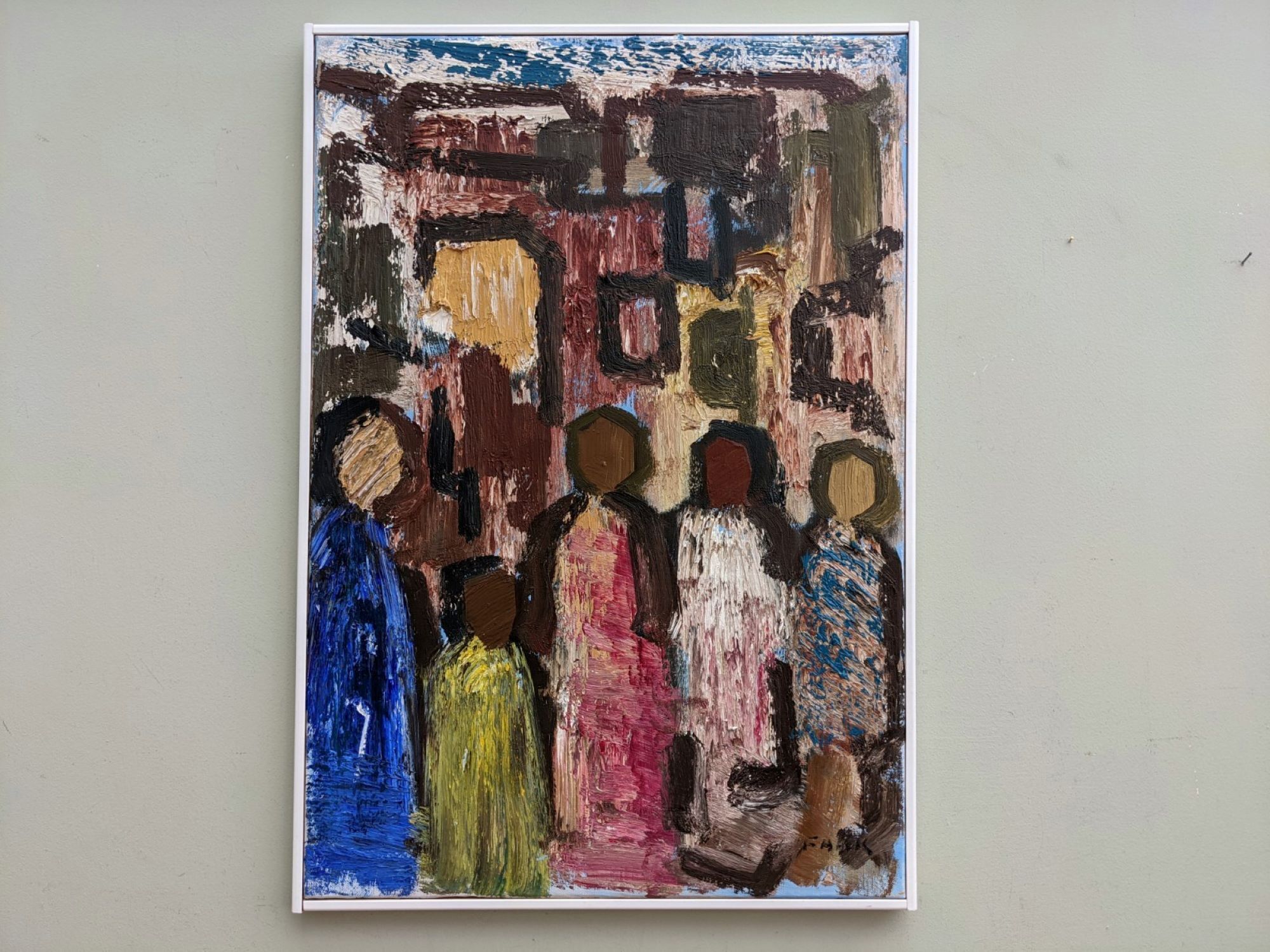Mid-Century Modern "Meet" Vintage Swedish Figurative Oil Painting, Framed