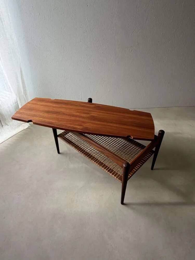 Vintage Creafort coffee table 1960s teak with rattan magazine shelf