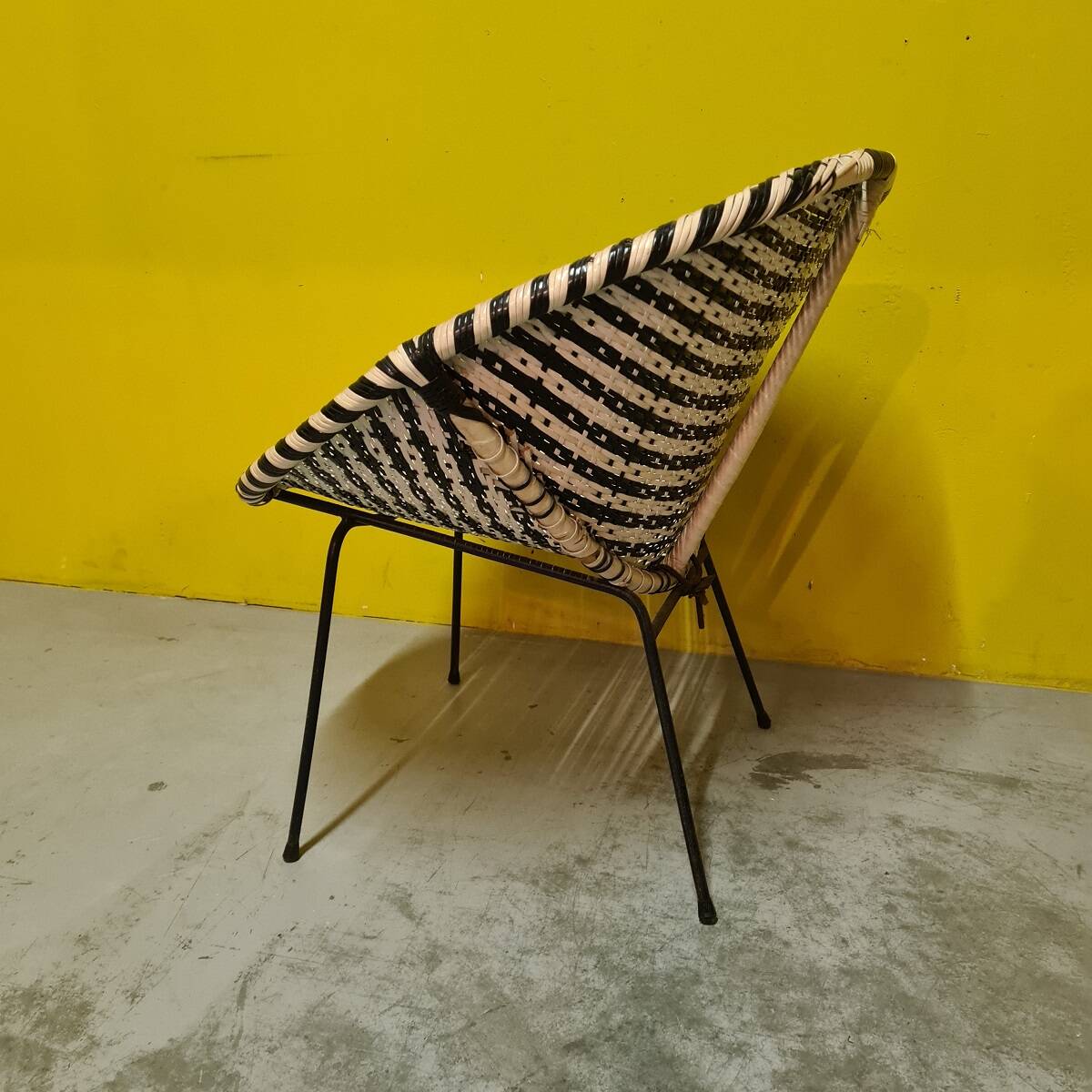 1960s Black and White Woven Round Bucket Chair