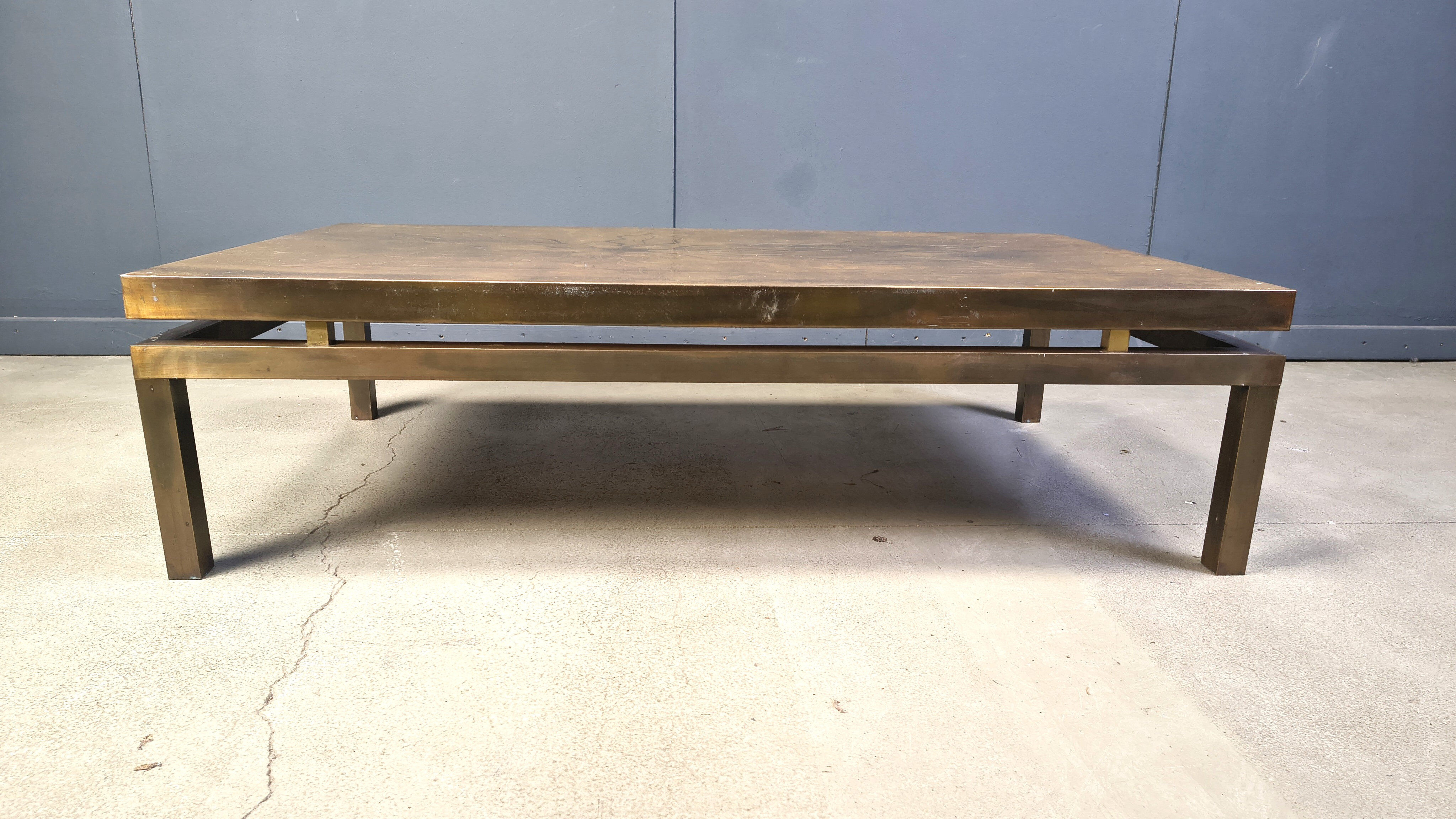 Vintage etched brass coffee table signed by Willy Daro, 1970s