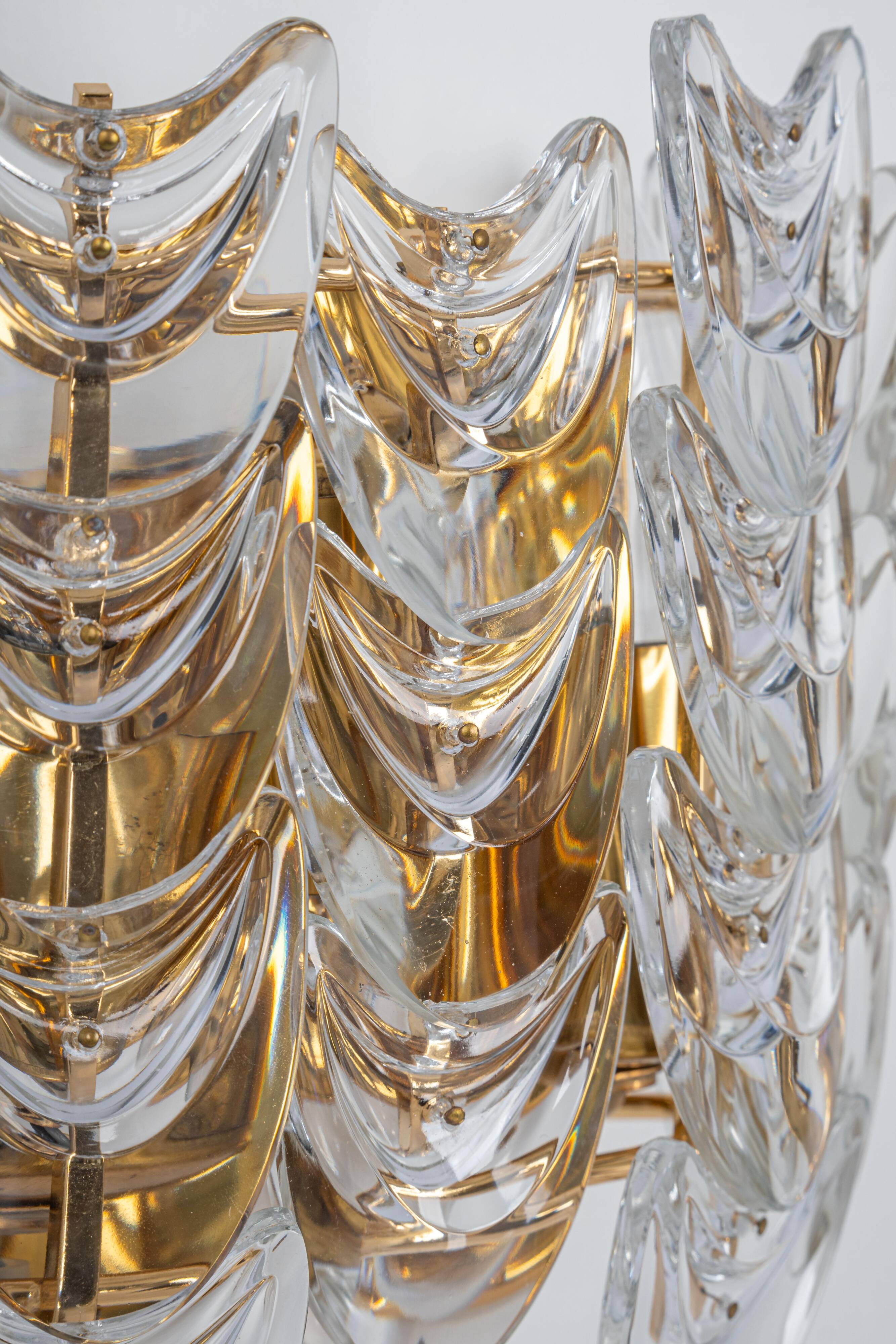 Pair of wall sconces in gilded brass and crystal, Sciolari design, Palwa, Germany, 1960s.