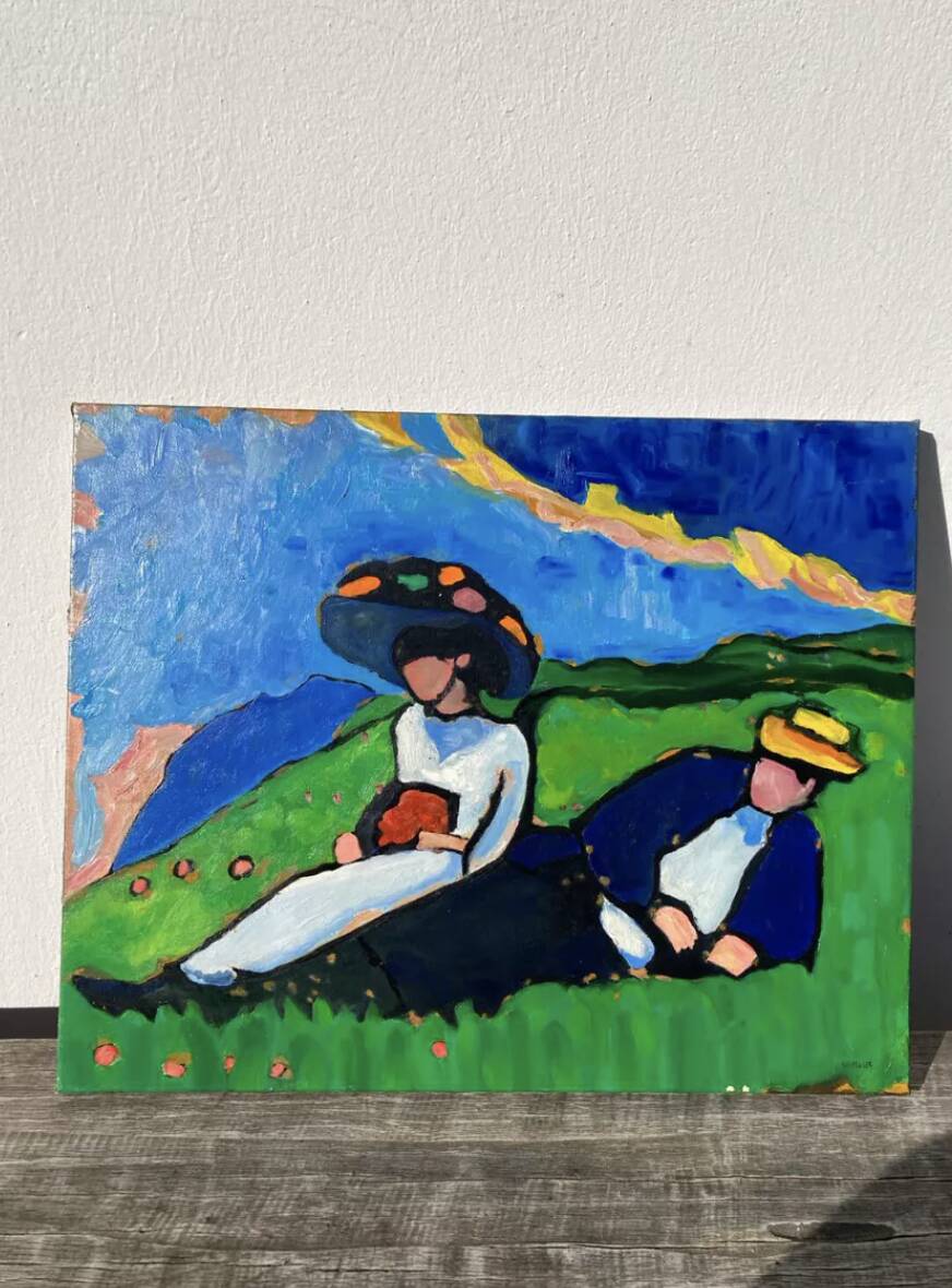 Tableau huile sur toile campagne couple