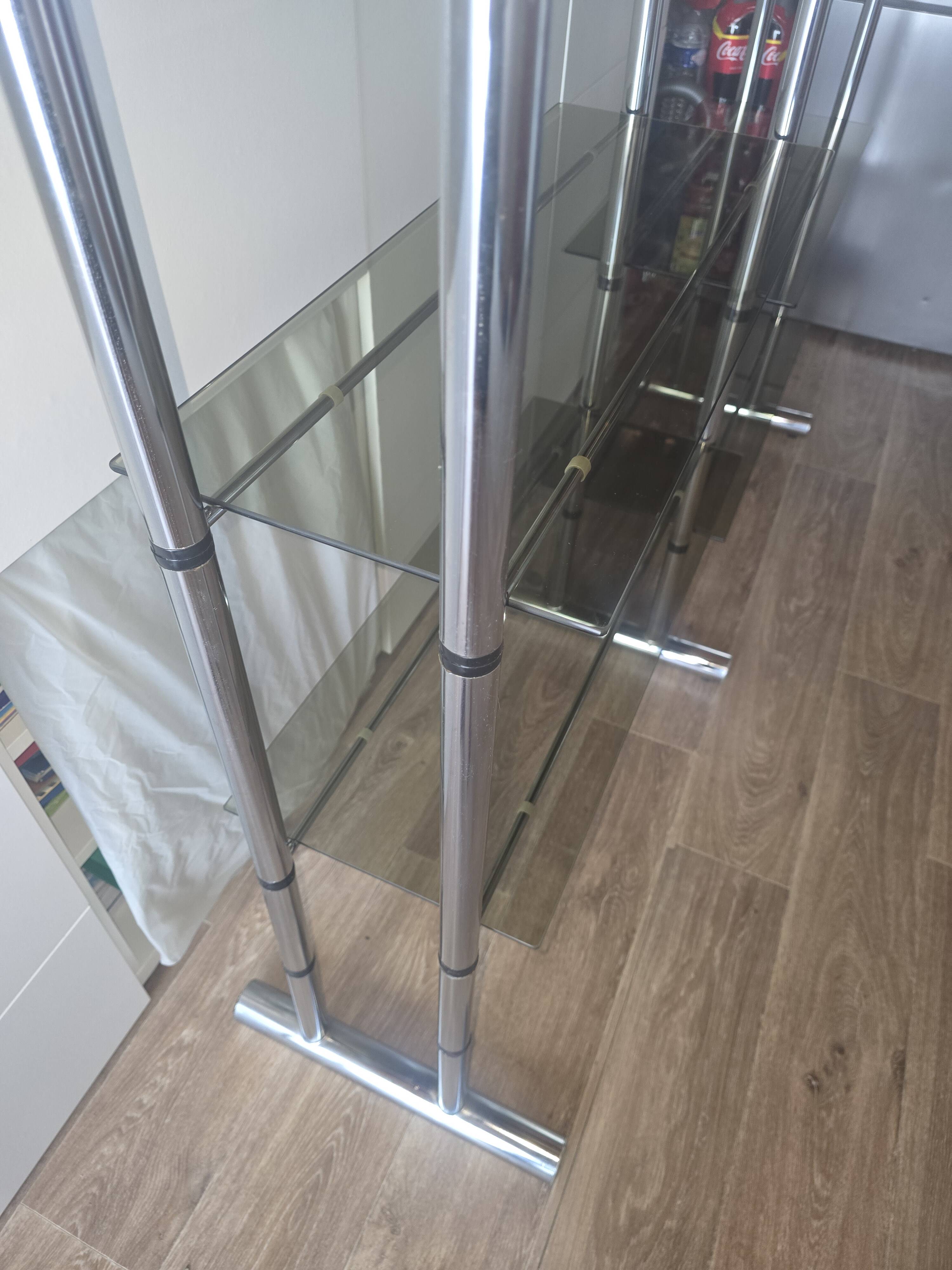 Large vintage double bookshelf from the 70s with chrome and smoked glass.