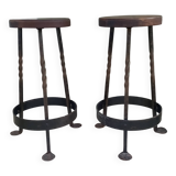 Paire tabourets de bar fer forgé et chêne