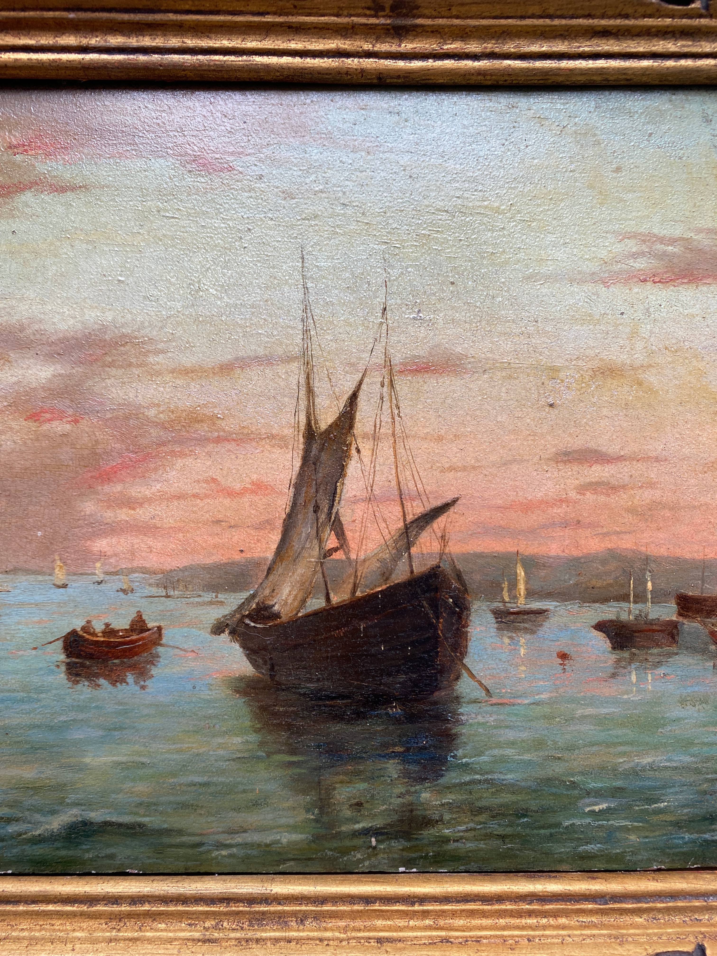 Painting "Twilight Navy" signed V. Vanier HSP mahogany XIX° + frame