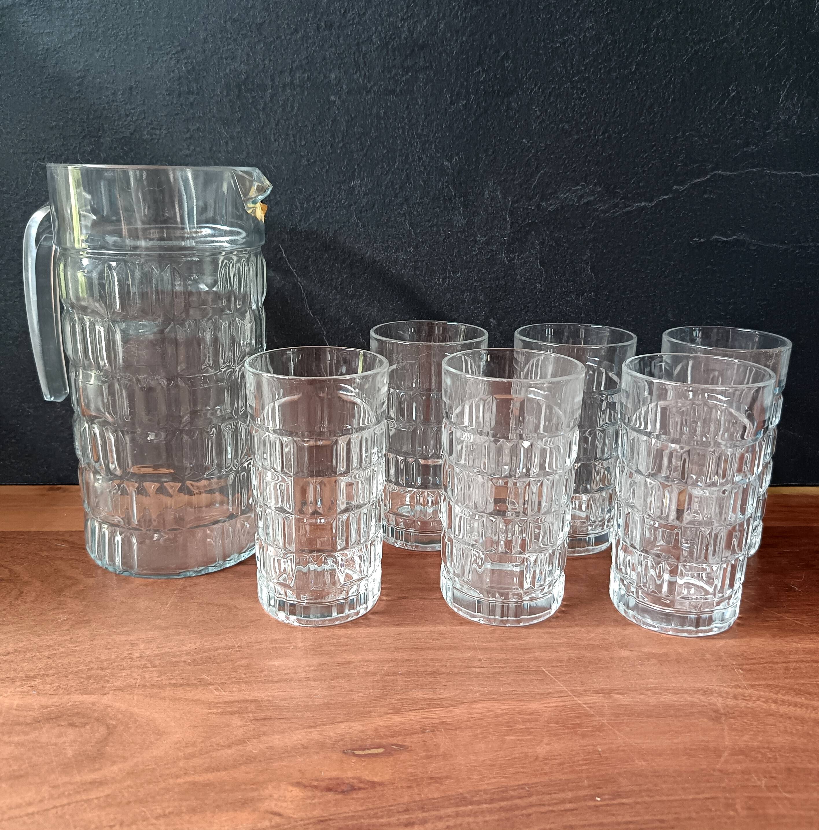 1970s glass orangeade set, 6 vintage Luminarc glasses and pitcher