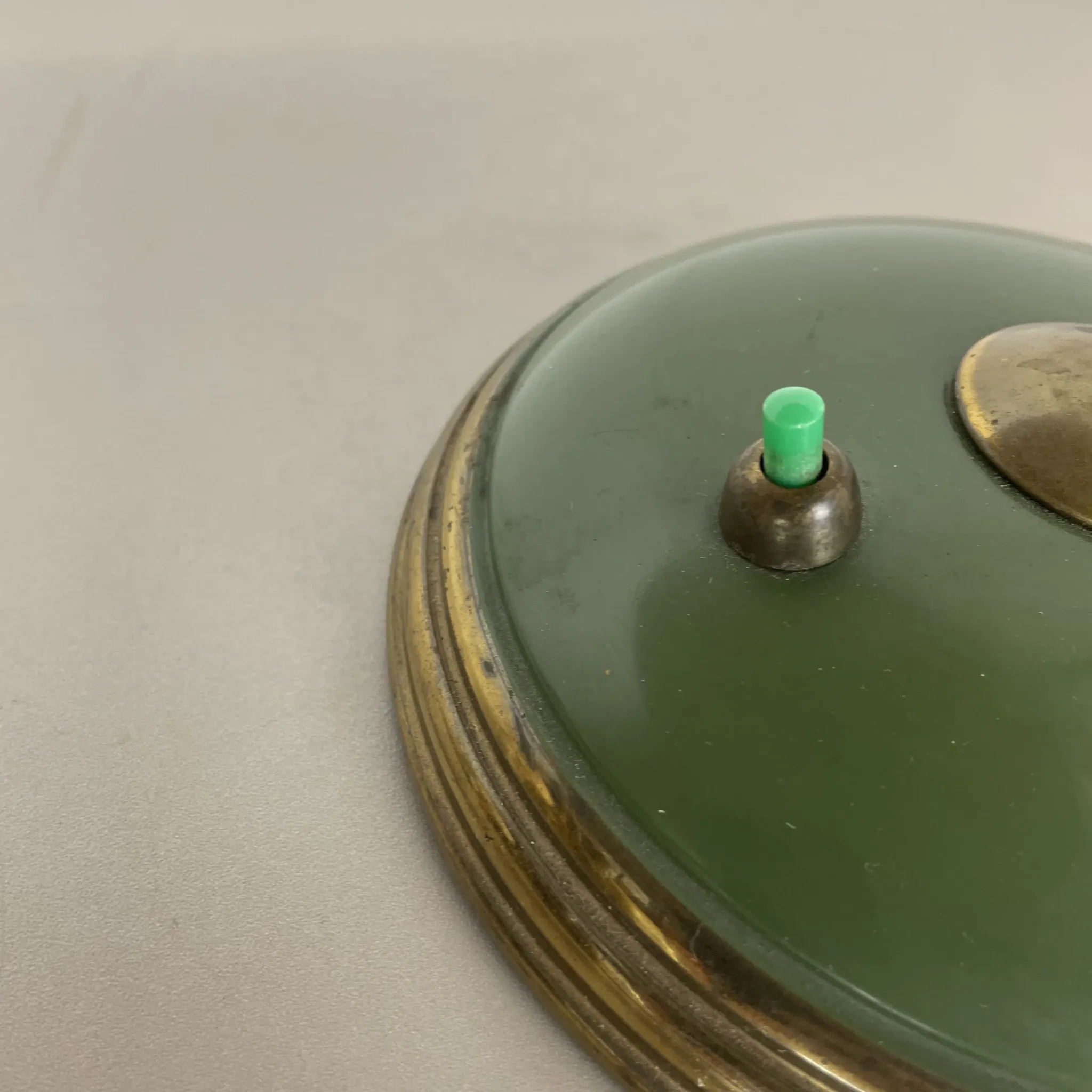 German green bauhaus table lamp in brass and metal by helo lights, germany, 1950s