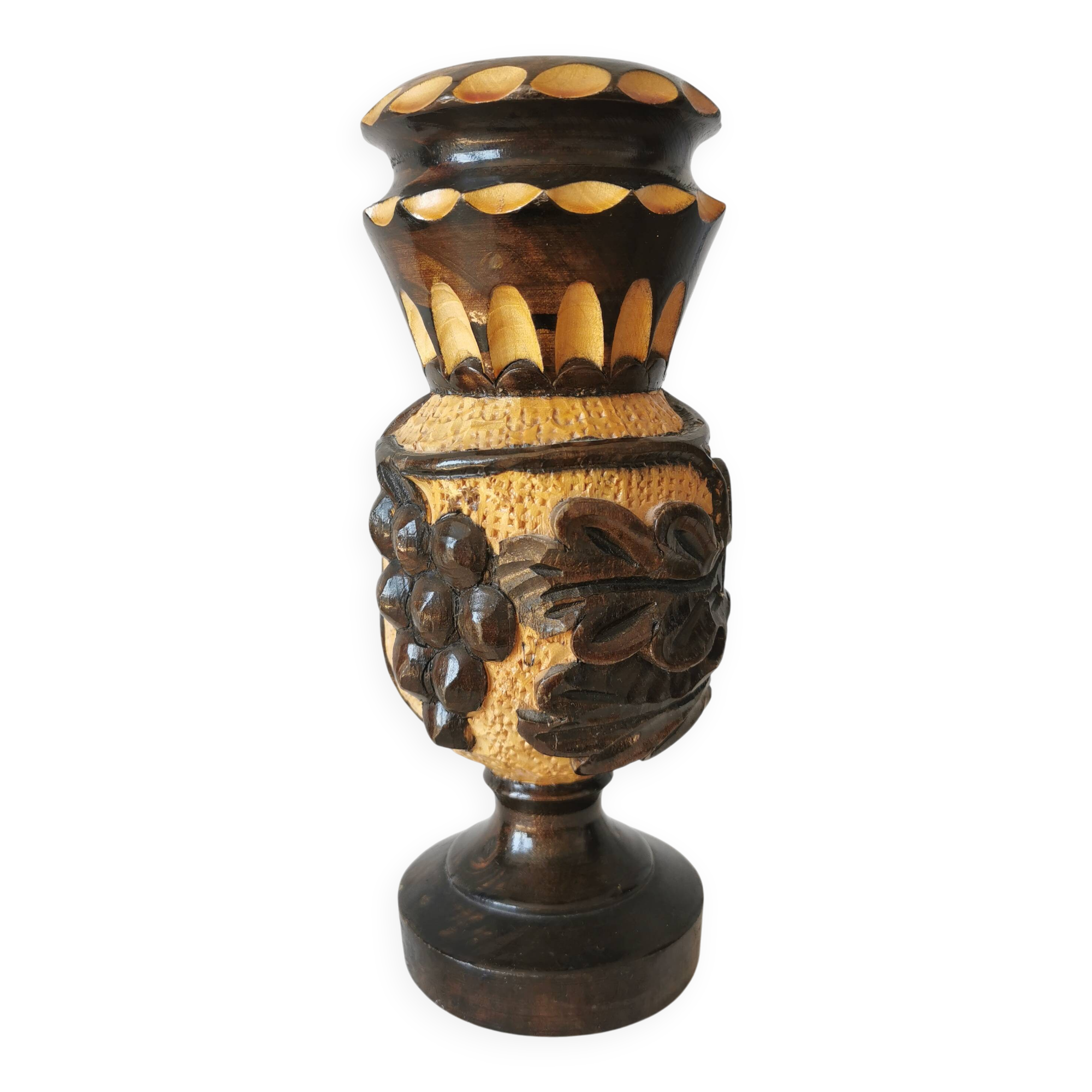 Vintage Hand Carved Wooden Vase: Grapevine Motif, 1970s Yugoslavia