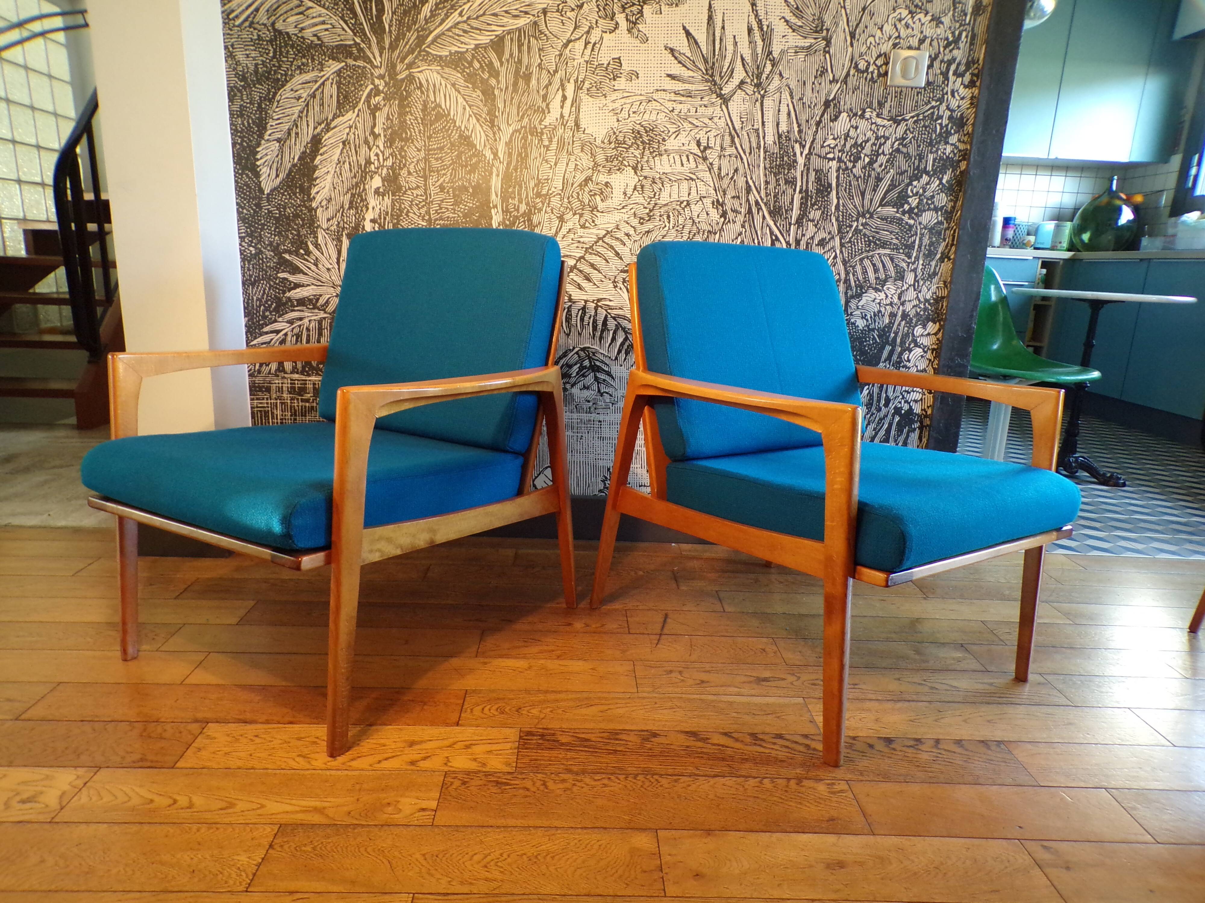 Pair of blue jersey Scandinavian armchairs