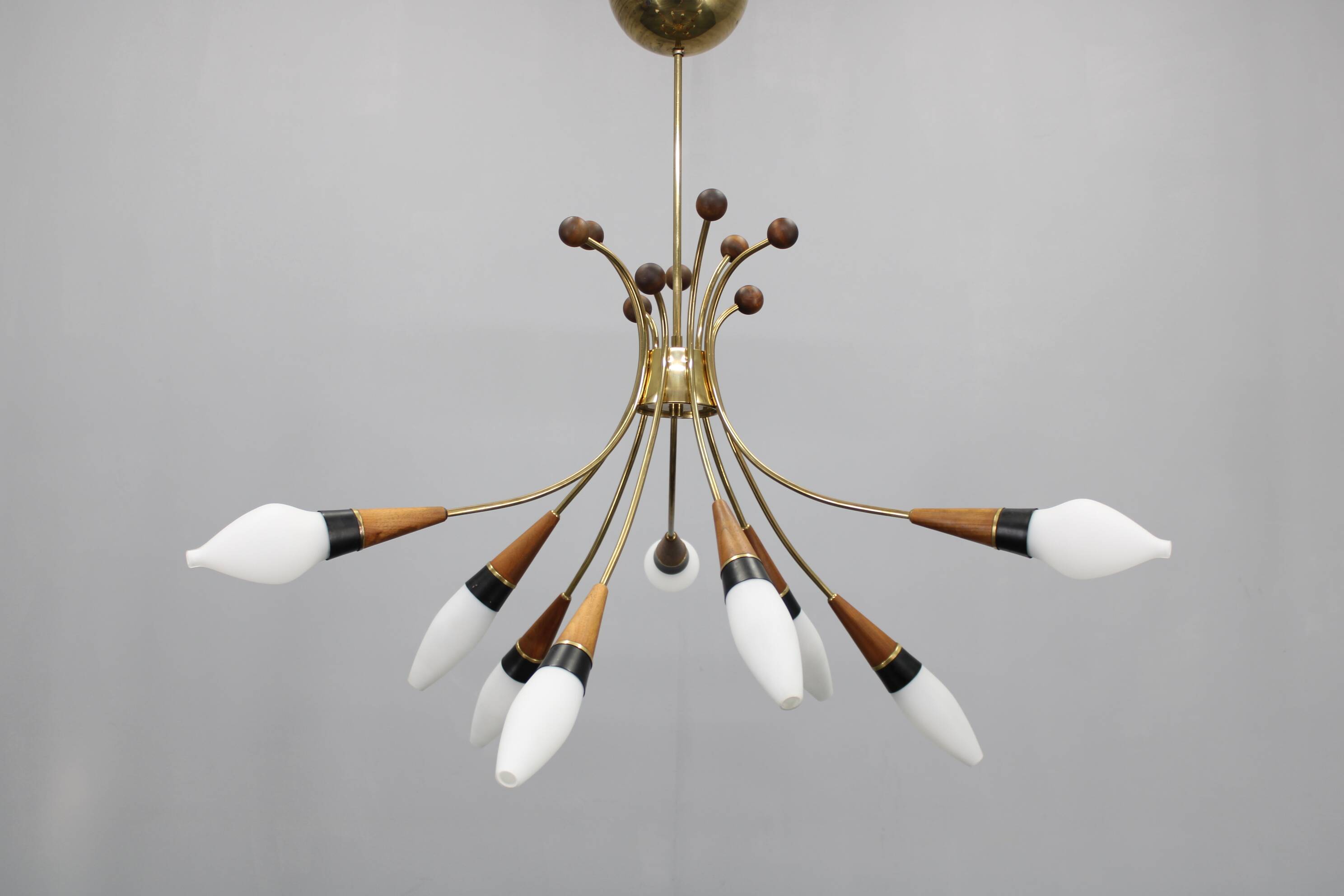 1960s Rupert Nikoll Brass and Teak Opaline Glass Chandelier, Austria