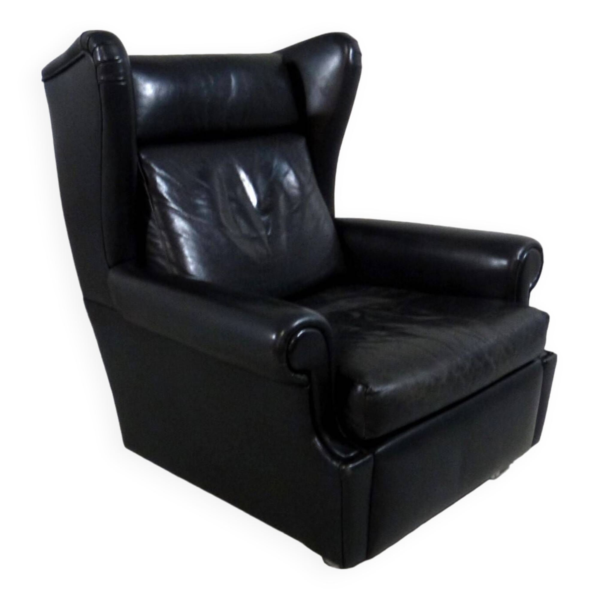 Black leather wingback chair on wheels 1960’s