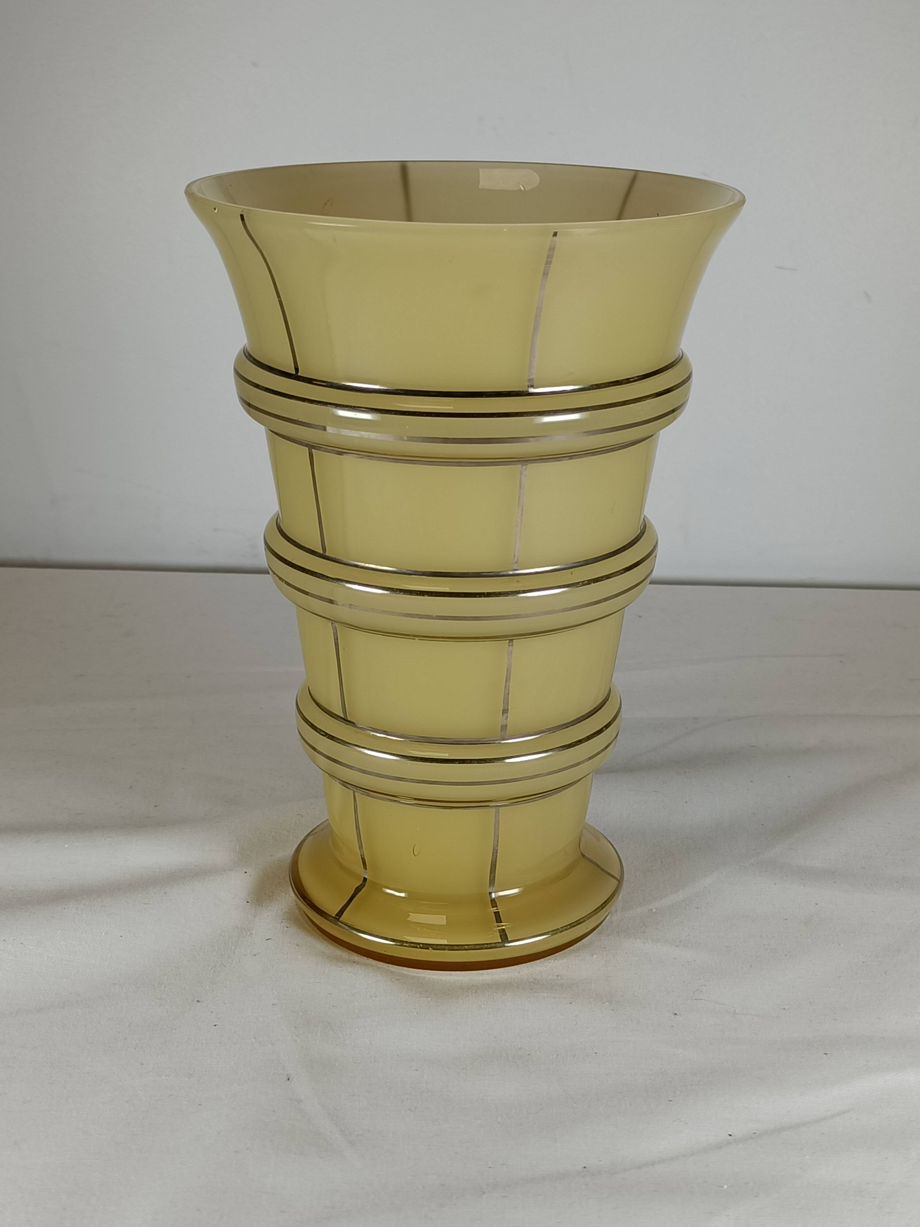 Vintage smoked amber glass vase with chrome bands – 1970s design