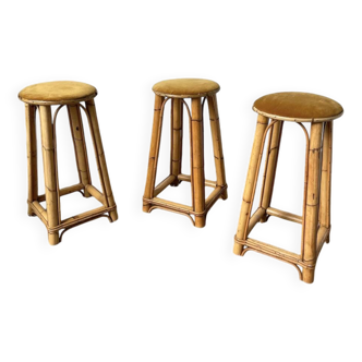 Set trois tabourets hauts rotin