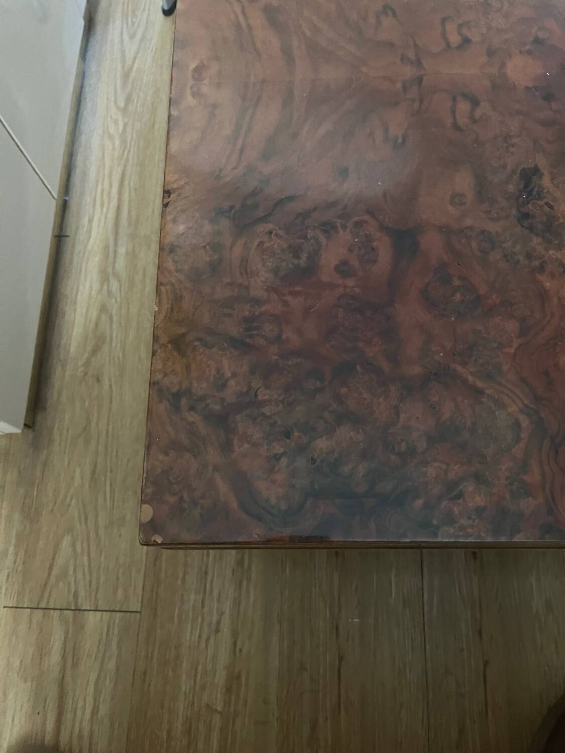 70s coffee table in brass and elm burl