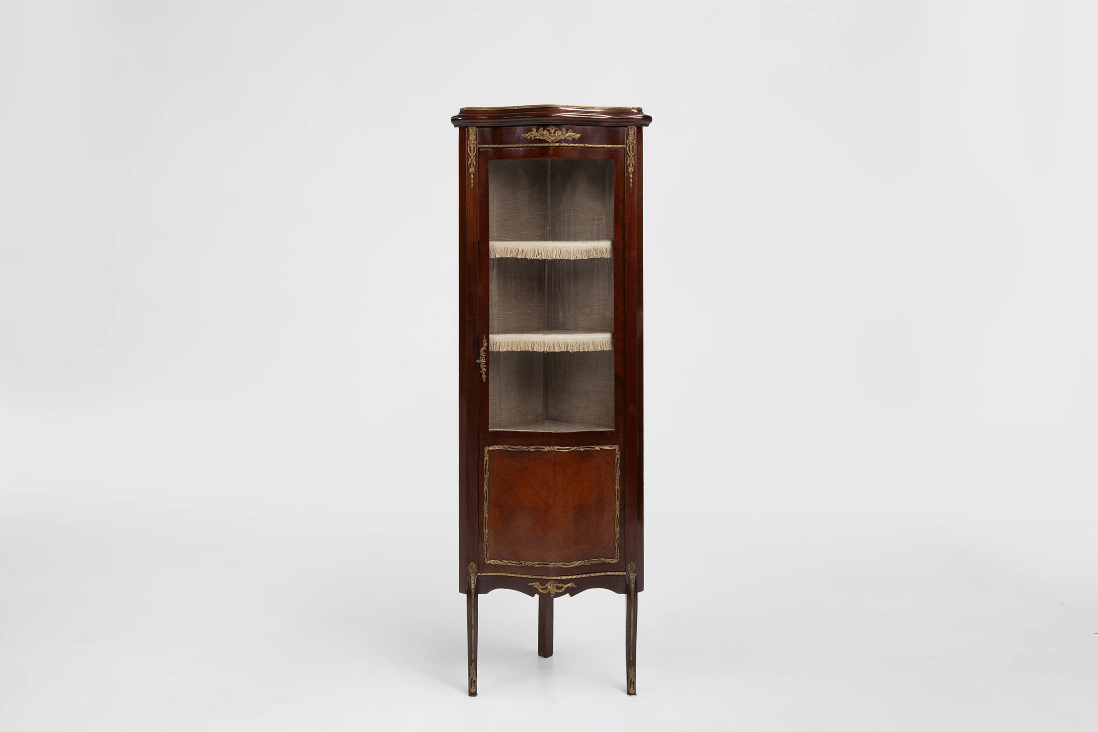 20th Century French Louis XV style corner display cabinet with arched glass, ca 1950