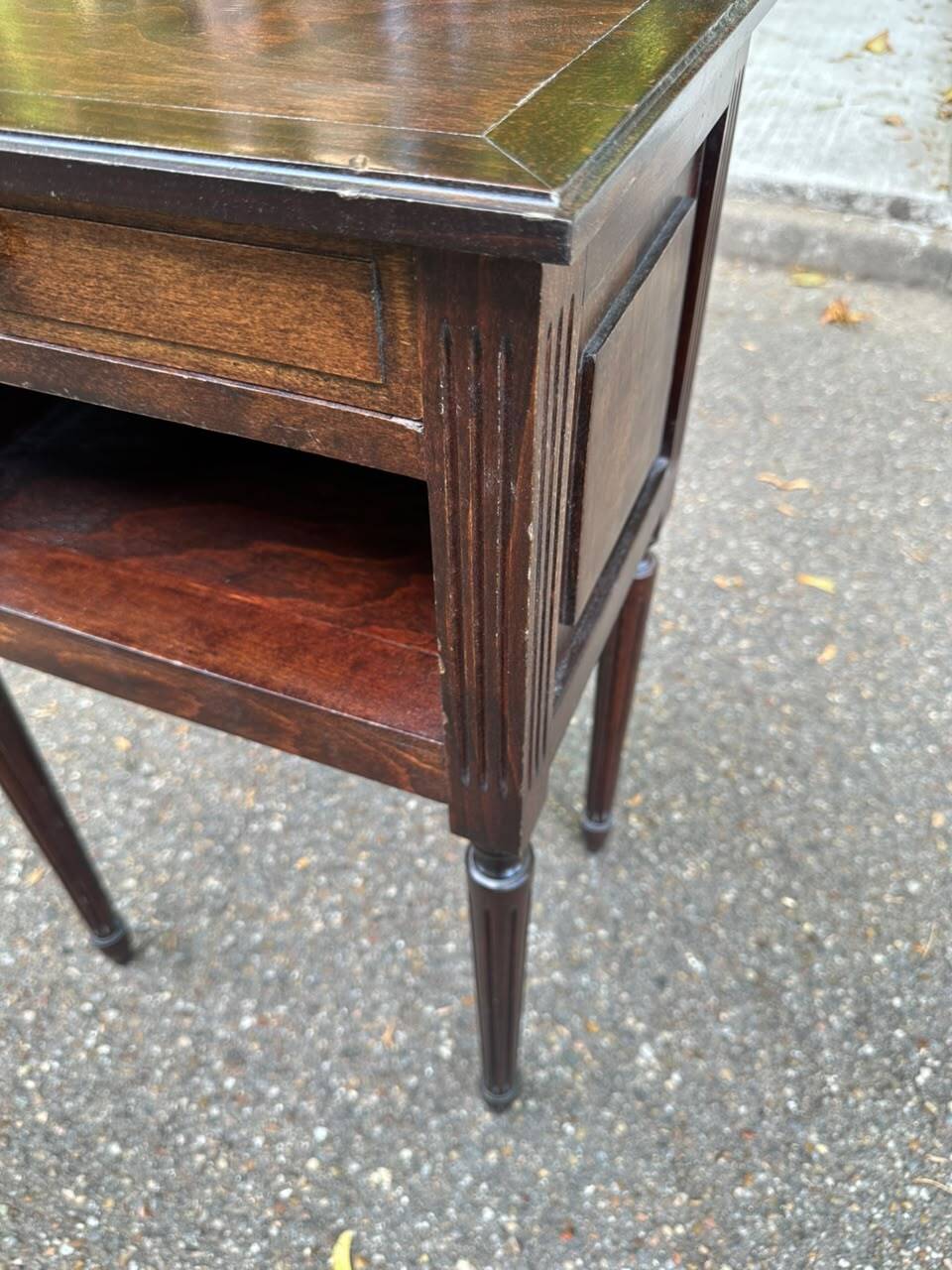 Vintage Louis XVI style bedside table – Dark wood & Fluted legs