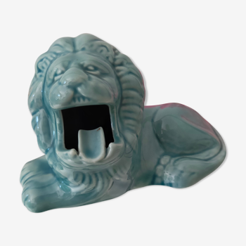 Cendrier vintage céramique zoomorphe "lion"  glaçure bleu clair vintage des années 50