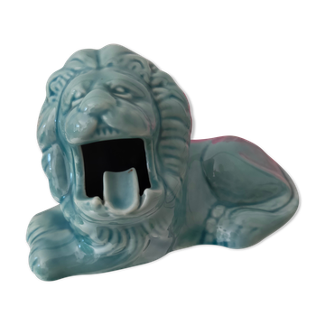 Cendrier vintage céramique zoomorphe "lion"  glaçure bleu clair vintage des années 50