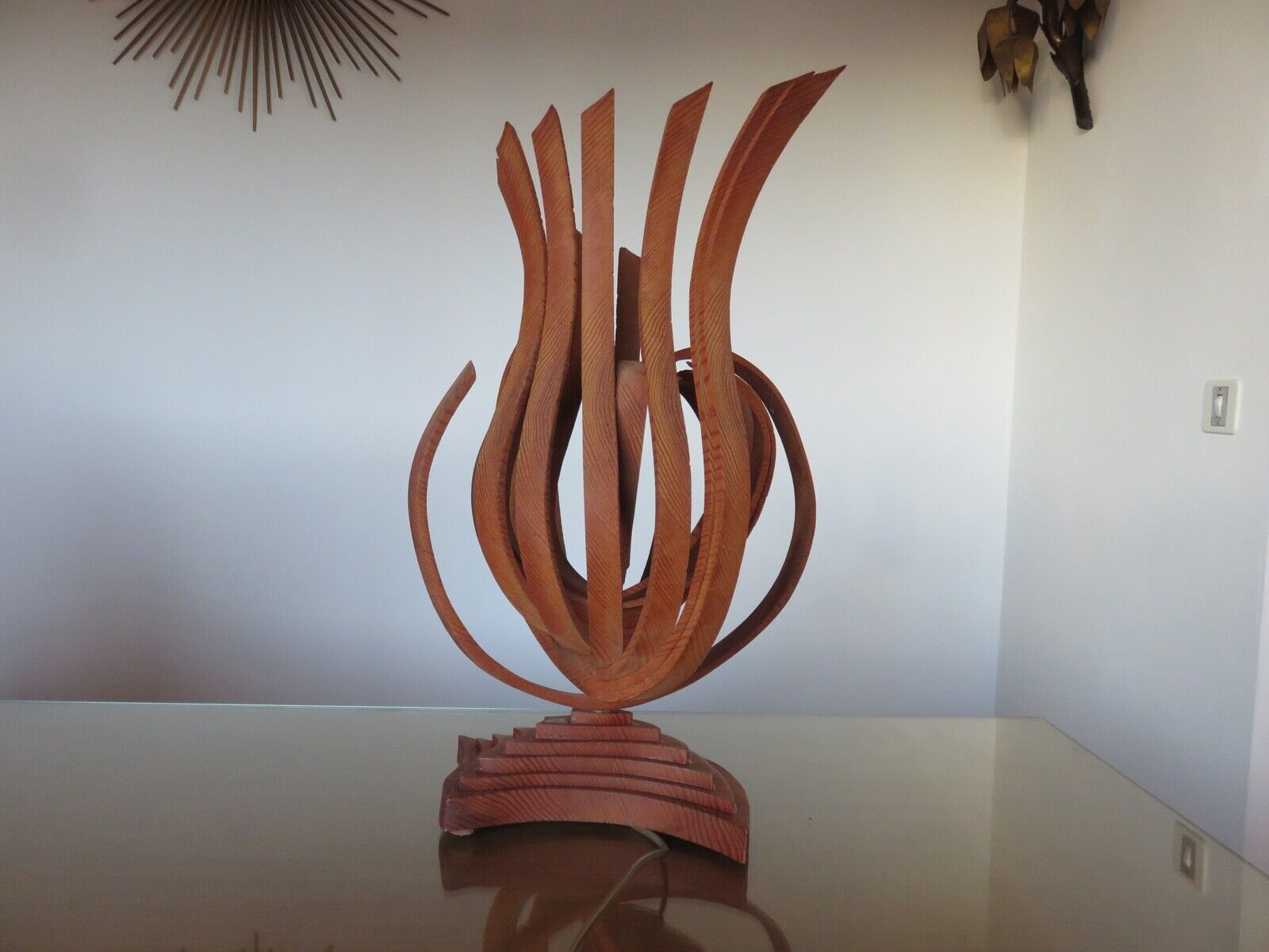 Large Scandinavian arched wooden lamp 60s 70s