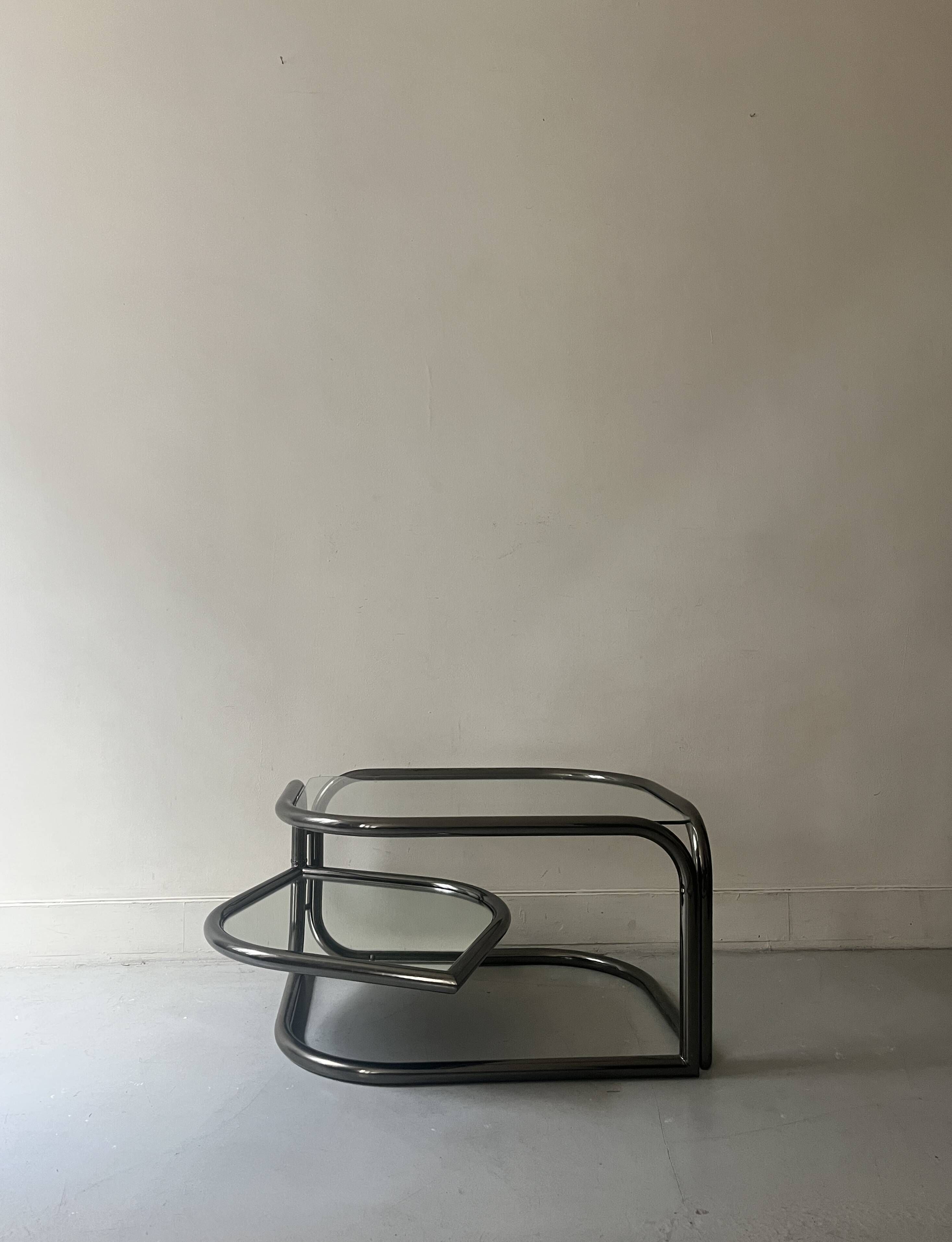 rotating coffee table drop in tubular chrome metal, glass and mirror, design 1970