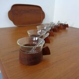 Swedish teak tray with tea cups by Jie Gantofta, 1960s, set of 7.