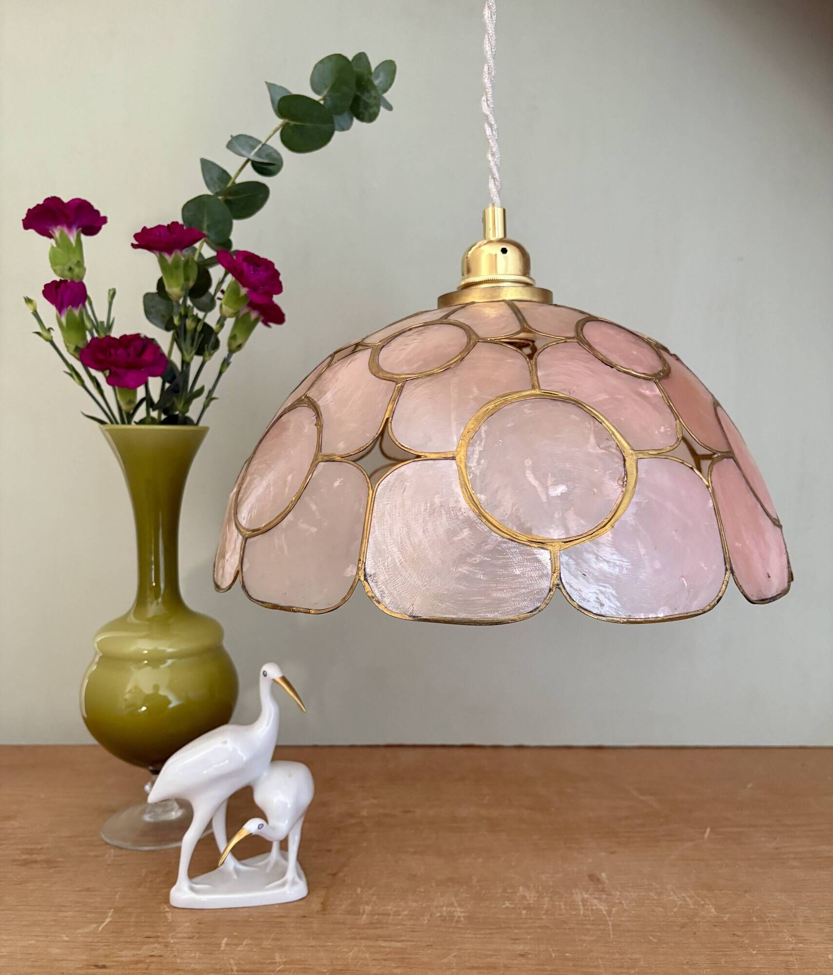 Vintage mother-of-pearl and brass lampshade pendant light
