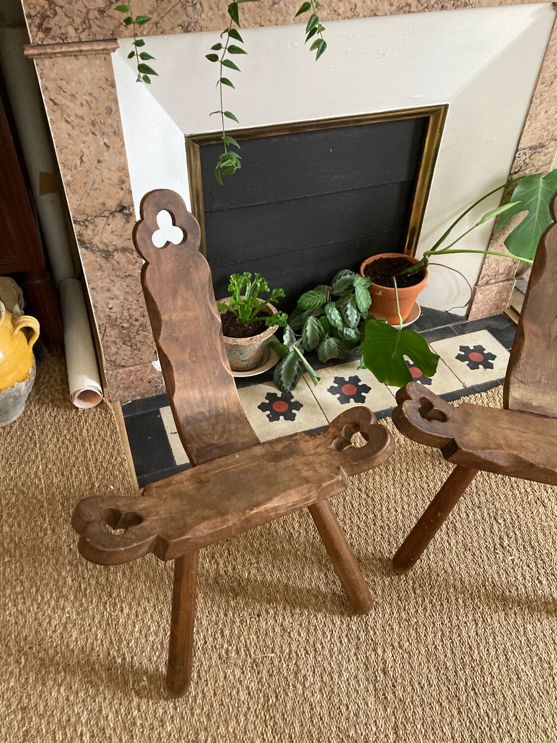 Pair of rustic brutalist tripod wooden chairs farmhouse