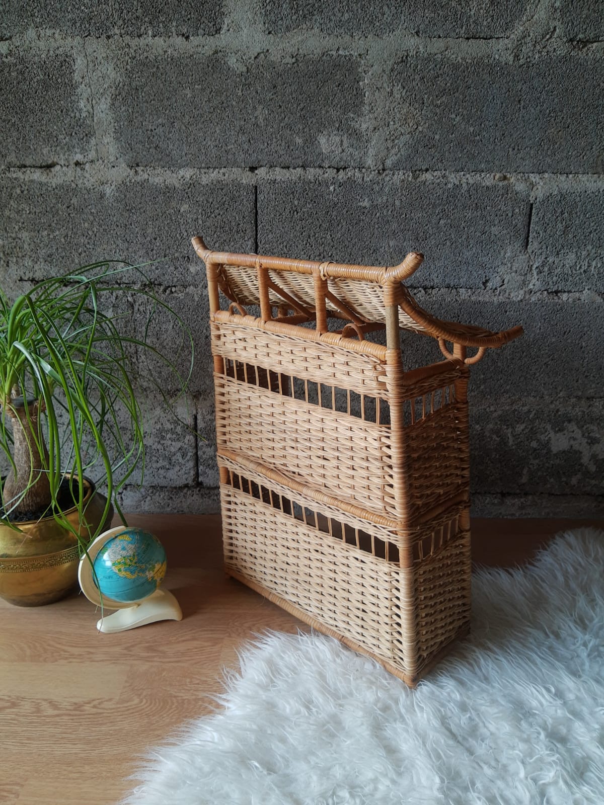 Wall shelf or to be placed in unique Japanese style rattan vintage pagoda