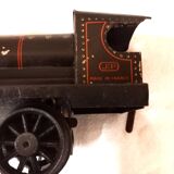 Small JEP mechanical train, including locomotive, tender, sleeping car, rail, 1930s