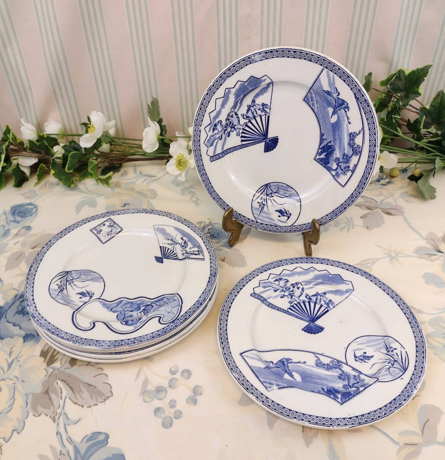6 Assiettes Gien "Éventails japonais"