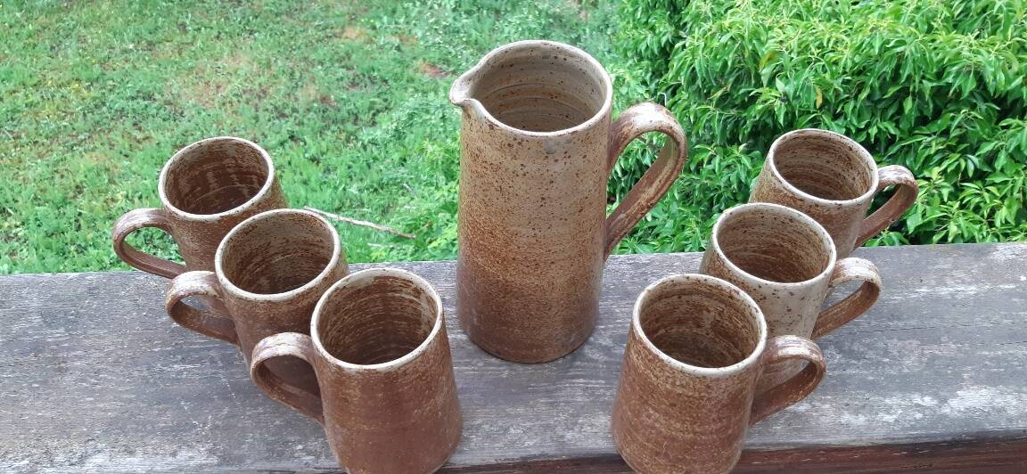 Pitcher and tumblers, pyrite stoneware, France, 1970