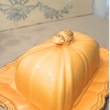 Antique yellow ceramic butter dish with bee decor, vintage Provençal style