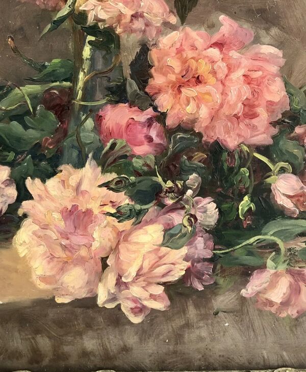 François Félix Roubaud Nature morte huile sur panneau de bois bouquet roses pivoines XIX