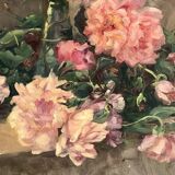 François Félix Roubaud Still life oil on wooden panel bouquet roses peonies XIX